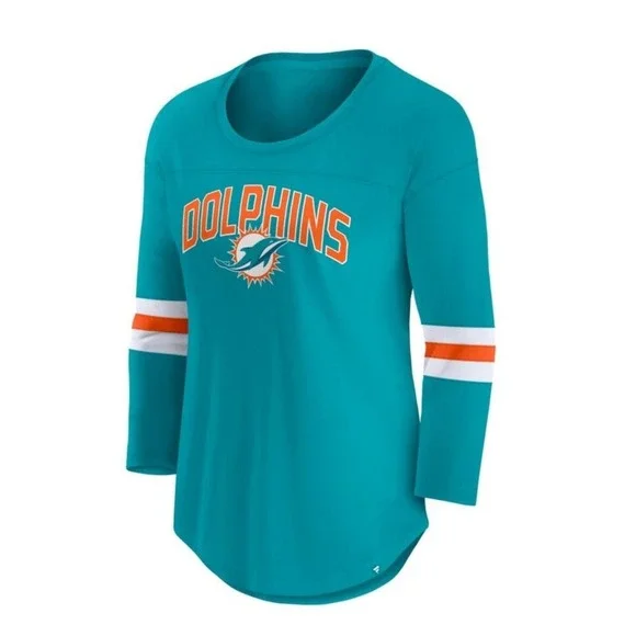 Women's Fanatics Aqua Miami Dolphins First Team Arch Logo 3/4 Sleeve T-Shirt - Picture 2 of 5